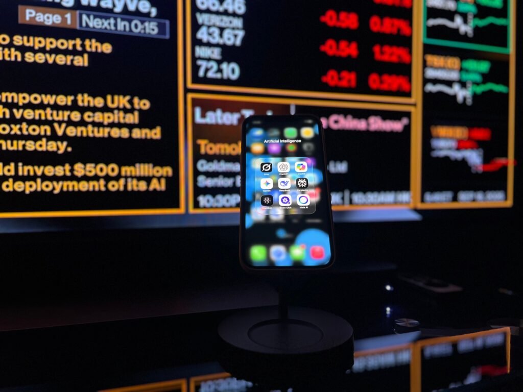 Claude AI trading bots displayed on a smartphone with stock market charts
