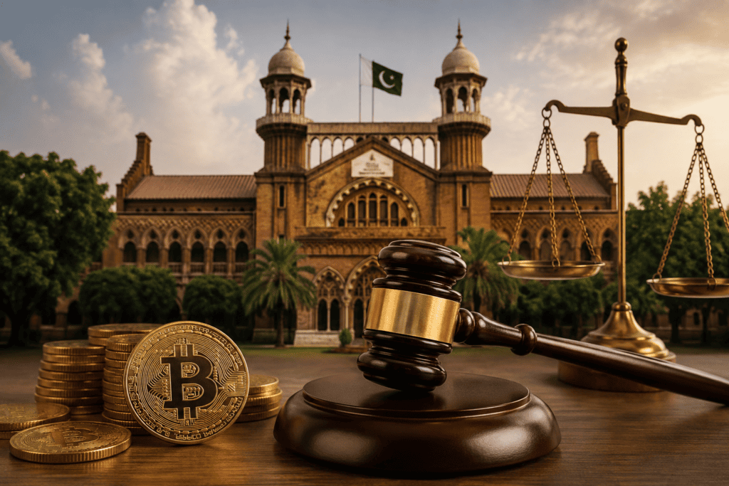 Lahore High Court gavel and Bitcoin coins symbolizing crypto trading relief ruling in Pakistan