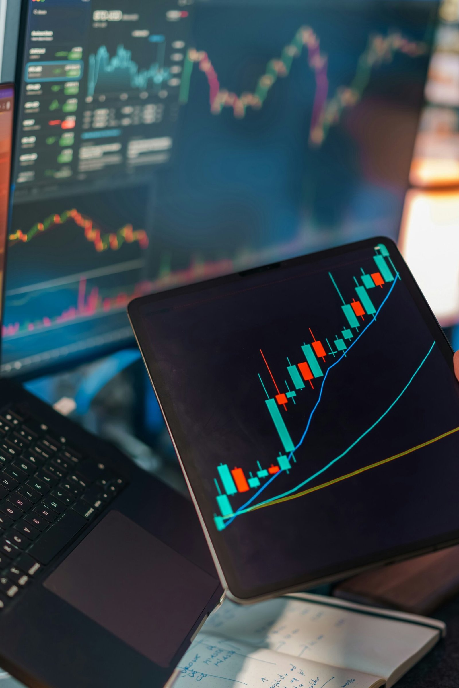 Trading charts shown across multiple monitors and a tablet, tracking altcoin market moves