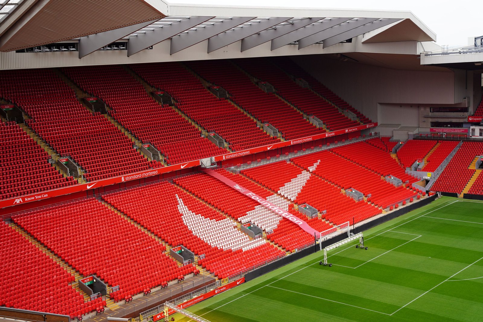 Aerial view of Anfield stadium's red seats, representing sports franchise investment