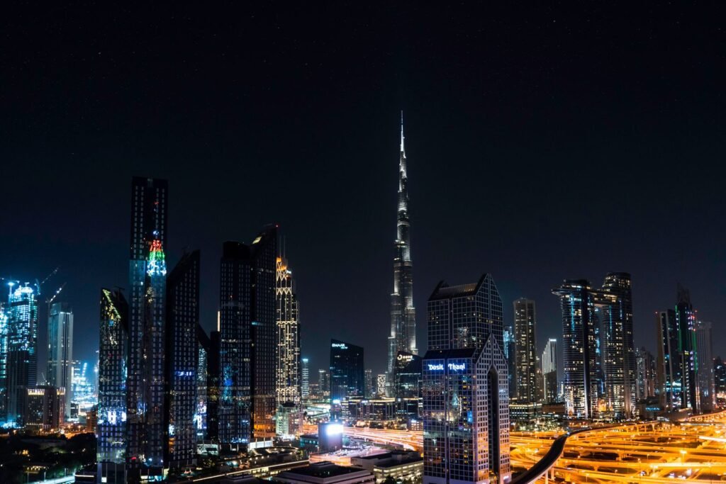 Dubai skyline at night with the Burj Khalifa, symbolizing Dubai real estate investment from Pakistan