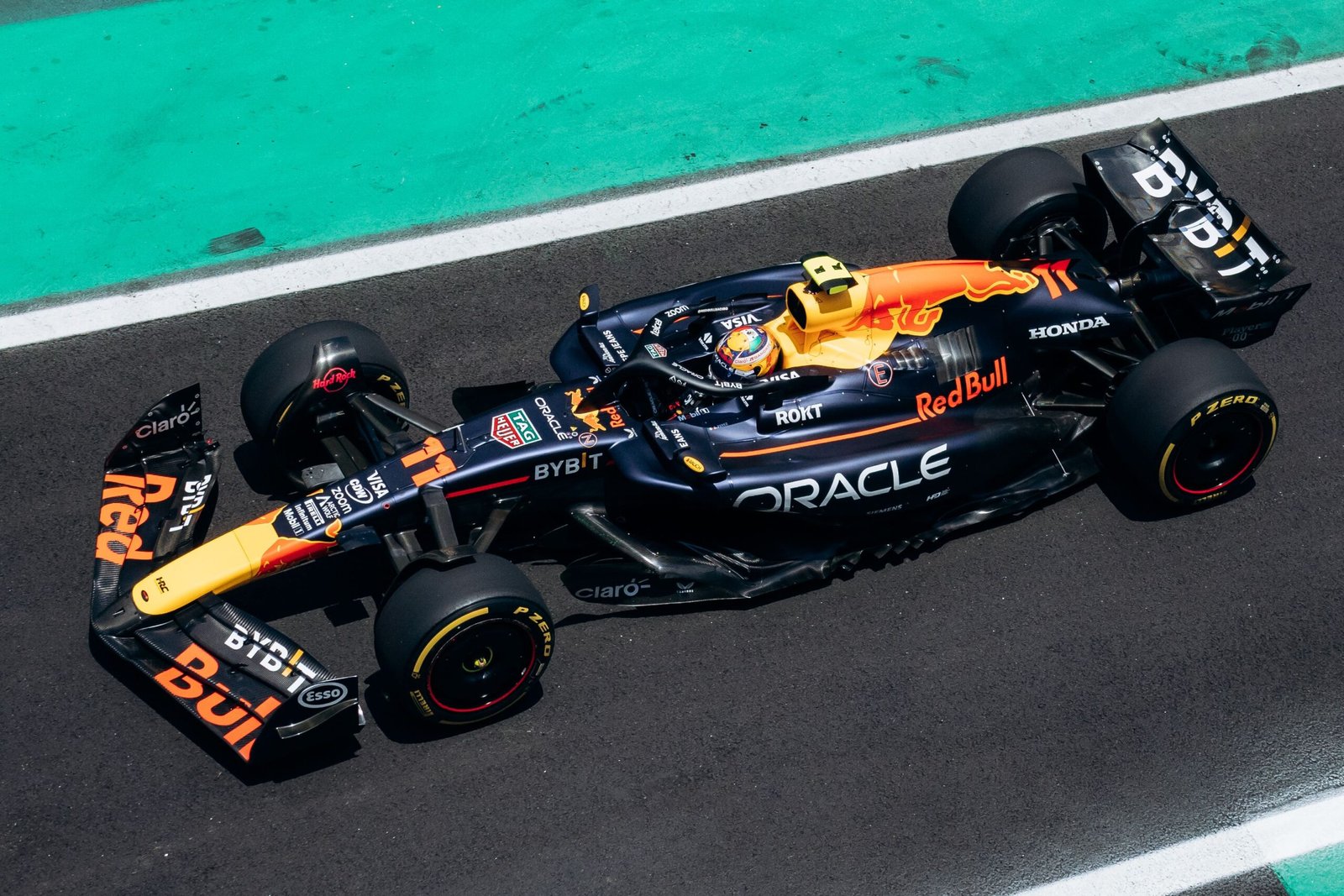 Aerial view of a Formula 1 car racing during a Grand Prix