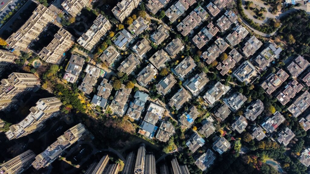 Aerial view of residential housing plots illustrating FGEHA waiting list housing scheme