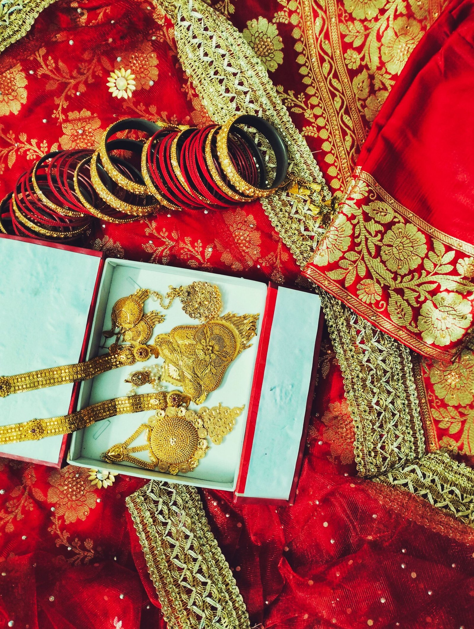 Bridal gold necklace and bangles set typical of Pakistani wedding season jewellery