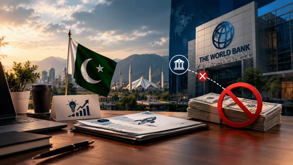 Pakistan startup funding concept featuring a modern business district, entrepreneurs, and financial growth imagery representing the Pakistan Startup Fund and World Bank funding delays until 2027.
