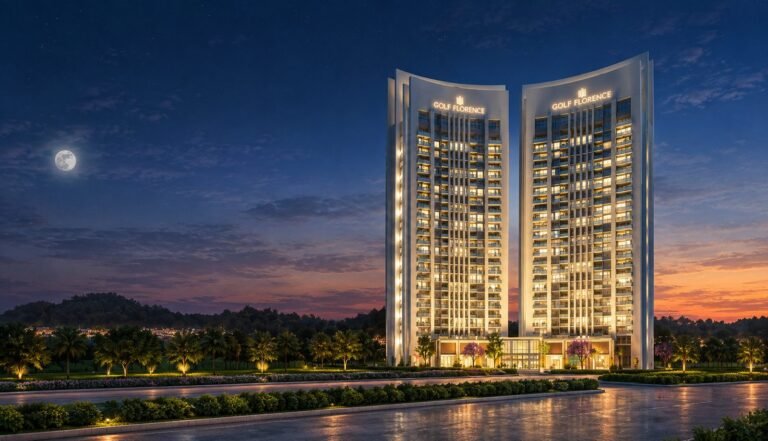 Golf Floras 2 apartment towers at night